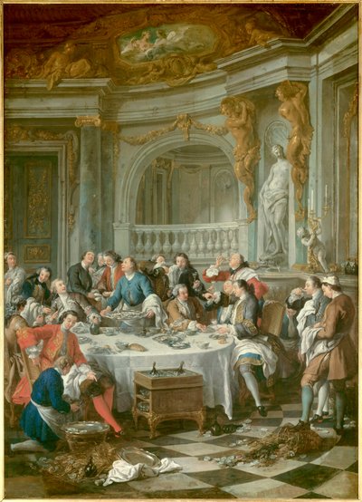 Oesterontbijt Een groep edelen, uitsluitend mannen, die zich te buiten gaan aan oesters en alcohol. Schilderij door Jean Francois De Troy (1679-1752) 1735 Chantilly, musee Conde - Het oesterlunch. Een geheel mannelijk oesterlunch: een g door Jean François de Troy