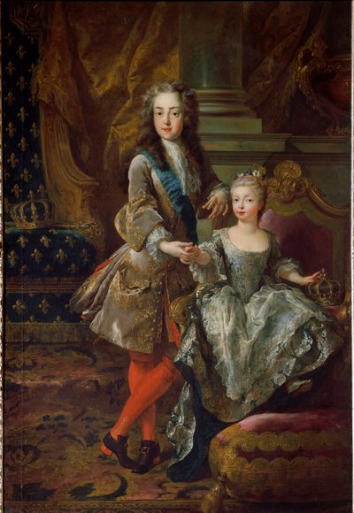 Portret van koning Lodewijk XV (1710-1774) en zijn verloofde Marie Anne Victoire van Spanje (1718-1781), dochter van Filips V van Spanje door Jean François de Troy