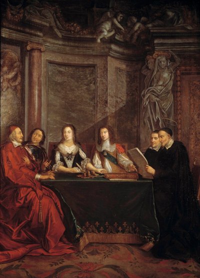 De raad van geweten: Sint Vincentius van Paul, hoofd van de raad van geweten leest voor aan kardinaal Jules Mazarin (Giulio Raimondo Mazzarino of Mazarino) (1602-1661), Pierre Seguier (1588-1672), koningin Anna van Oostenrijk (1601-1666) en Lodewijk XIV (1 door Jean François de Troy