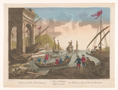 Gezicht op boten en schepen in de haven te Rotterdam door Jean François Daumont