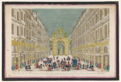 Gezicht op de decoratie van de Rue de la Feronnerie te Parijs ter gelegenheid van het herstel van Lodewijk XV, koning van Frankrijk, in 1745 door Jean François Daumont
