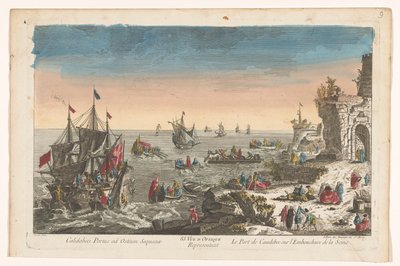 Gezicht op de haven te Caudebec bij de monding van de rivier de Seine door Jean François Daumont