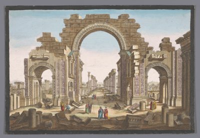 Gezicht op de ruïne van de boog van de zuilengalerij te Palmyra, gezien vanaf de oostzijde door Jean François Daumont