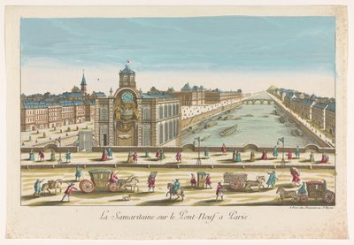 Gezicht op de waterpomp Samaritaine op de Pont Neuf over de rivier de Seine te Parijs door Jean François Daumont
