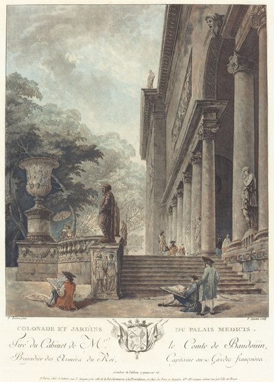 Colonnade en tuinen van het Medici-paleis (Colonade et Jardins du Palais Medicis) door Jean François Janinet after Hubert Robert