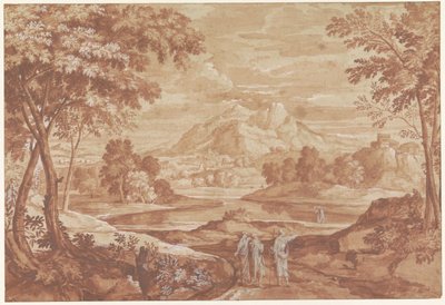 Arcadisch landschap met wandelende mensen door Jean François Millet (II)