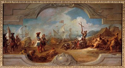 Christoffel Columbus in Amerika (schilderproject op het plafond) door Jean François de Troy