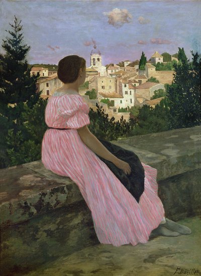 De roze jurk, of uitzicht op Castelnau-le-Lez, Herault, 1864 door Jean Frederic Bazille