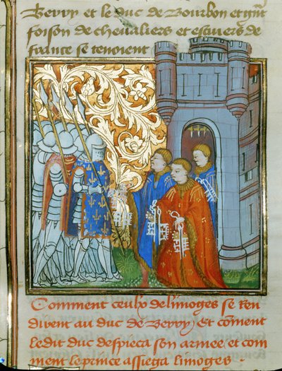 Drie magistraten van Limoges, in ceremoniële gewaden, overhandigen de sleutels van de stad aan de hertog van Berry ... door Jean Froissart