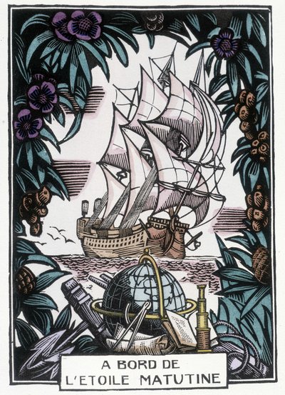 Schip op zee: Illustratie van het begin van de 20e eeuw door Jean-Gabriel Daragnes voor het boek 