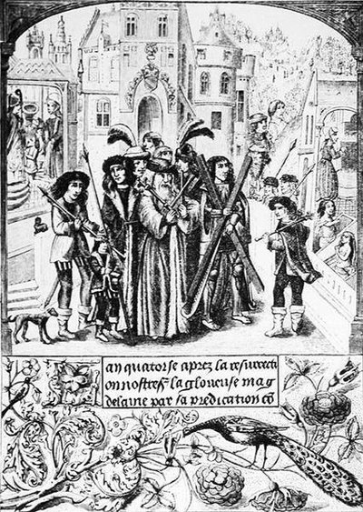 Fabelachtige Oorsprong van het Bourgondische Kruis, Etienne, een legendarische Koning van Bourgondië maakt een pelgrimstocht naar St. Victor van Marseille, aan wie hij het Kruis van St. Andreas heeft gedragen, uit dankbaarheid aan St. Maria door Jean Georges after Huyot