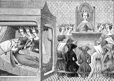 De Drie Deugden, Rede, Rechtvaardigheid en Gerechtigheid, dringen Christina de Pisan (ca.1364-1410) aan om een Boek van Ethiek te schrijven voor de Instructie van Dames, illustratie uit Wetenschap en Literatuur in de Middeleeuwen door Jean Georges after Huyot