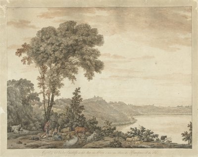 Gezicht op Castel Gandolfo en het meer van Albano door Jean Grandjean