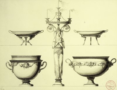 Ontwerp voor een kandelaar in de vorm van een vrouw, twee zilveren bekers en twee zilveren schalen door Jean Guillaume Moitte