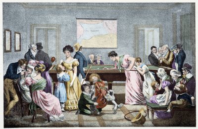 Een biljartkamer in de 19e eeuw: gebaseerd op een lithografie door Marlet. door Jean Henri (after) Marlet