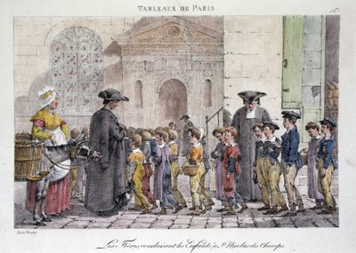Oude straatberoep in Parijs: de broers die de kinderen naar Saint Nicolas des Champs brengen, Katholieke school - Gravure door Jean Henry Marlet in 