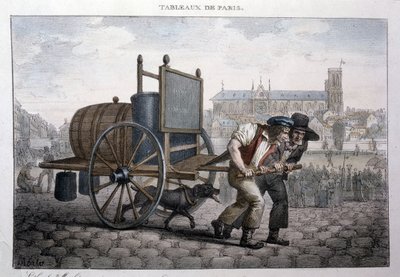 Oude straatberoep in Parijs: bad thuis (twee mannen trekken een kar met een vat gevuld met water). Gravure door Jean Henry Marlet (1771-1847) in 