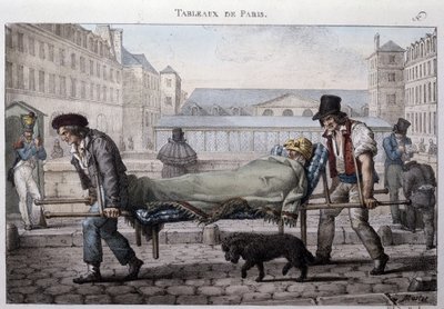 Oude straatberoepen in Parijs: de arme patiënt wordt naar het ziekenhuis gebracht door de brancarddragers. Gravure door Jean Henry Marlet (1771-1847) in 