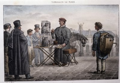 Oude straatberoep in Parijs: de rattenvanger (camelot). Gravure door Jean Henry Marlet (1771-1847) in 
