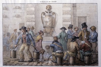 Oude straatberoep in Parijs: waterdrager voor een fontein. Gravure door Jean Henry Marlet (1771-1847) in Les Tableaux de Paris, serie van 72 prenten, eind 19e eeuw door Jean Henri Marlet