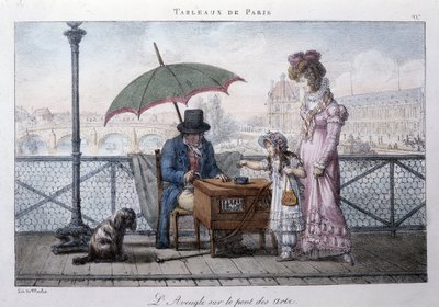 Oude straatscène in Parijs: blinde bedelaar op de brug van de kunsten. Gravure door Jean Henry Marlet (1771-1847) in 