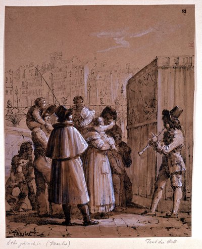 Polichinelle bij de Pont des Arts in Parijs, door Marlet rond het midden van de 19e eeuw door Jean Henri Marlet