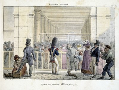 Rij bij het Eerste Franse Theater - lithografie door Marlet, in 
