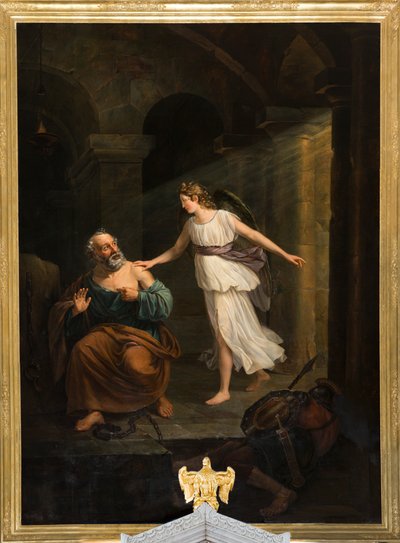 Parochiekerk (Nederbrakel, Sint-Pieter-in-de-Bandenkerk). Interieur. Schilderij. "Sint-Pieter bevrijd door de engel en Thomas". Jean-Henri De Coene. Ca 1835. door Jean Henri de Coene