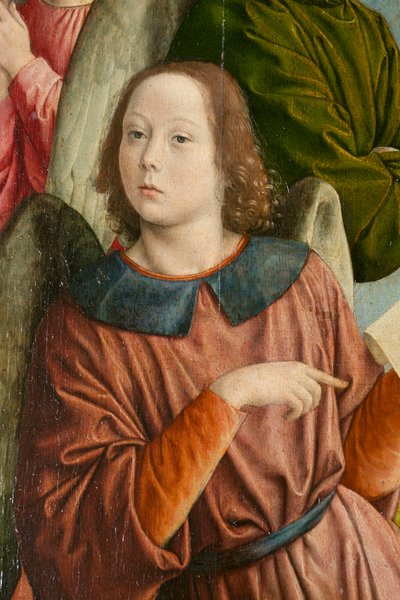Een engel, detail. Drieluik van de meester van Moulins door Jean Hey