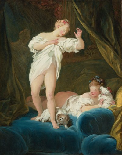 Twee meisjes op een bed spelen met hun honden door Jean-Honore Fragonard