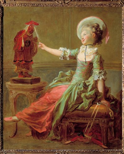 Een jong meisje amuseert zich met een Chinese beeld die haar haar trekt door Jean Honore Fragonard