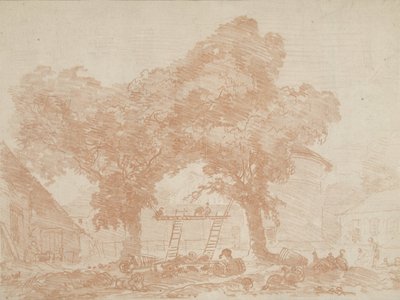 Boerenerf met twee bomen, waartussen ladders staan door Jean Honore Fragonard