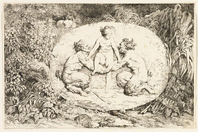 Nimf zittend op de handen van twee saters uit Bacchanales, of Saterspelen door Jean Honore Fragonard