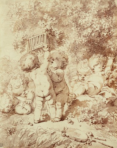 Zes spelende putti, twee houden een kooi omhoog door Jean Honore Fragonard