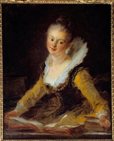 Studie. Een vrouw bladert door boeken om te leren door Jean Honore Fragonard