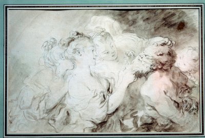 Jonge meisjes worstelen met een sater. Jonge vrouwen die plezier hebben met de baard van een sater. Tekening in de Bistre Wash door Jean Honore Fragonard. 18e eeuw. Privécollectie door Jean Honore Fragonard