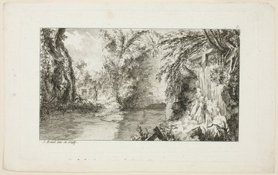 Landschap met een wandelaar en een waterval, plaat 5 uit de tweede suite Livre de paysages (Boek van landschappen) door Jean Hoüel