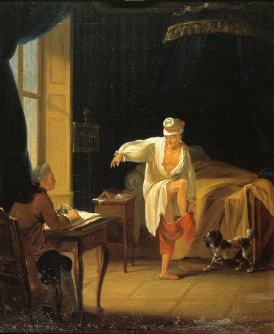 Voltaire opstaan in Ferney, ca. 1772 door Jean Huber