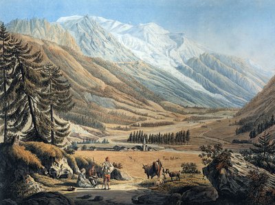 Gezicht op de vallei van Chamonix, vanuit het dorp Argentiere door Jean Daniel Huber tijdens een reis ca. 1785 (gravure) door Jean Huber