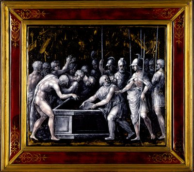Alexander geeft opdracht om de Ilias van Homerus in een kist te plaatsen, laat 16e eeuw (email  goud op koper) door Jean III Pénicaud