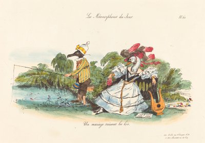 Metamorfoses van de dag: Een conventioneel huwelijk door Jean Ignace Isidore Grandville