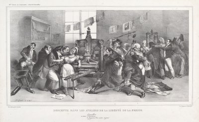 Descente dans les Ateliers de la Liberté de la presse door Jean Ignace Isidore Grandville, and Auguste Desperet