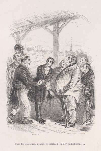 Alle kiezers, groot en klein, verzamelen zich om elkaar nederig te overtuigen... uit de Kleine Ellende van..., 1843 door Jean Ignace Isidore Gérard