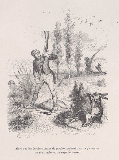 Als de laatste korrels poeder in de palm van zijn zwartgeblakerde hand vallen, een voortreffelijke haas..., 1843 door Jean Ignace Isidore Gérard