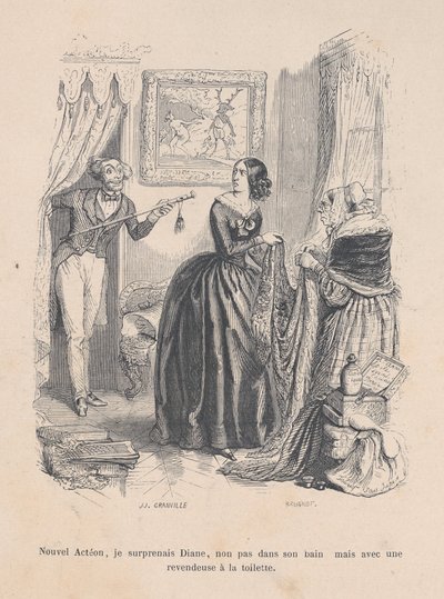 Als de nieuwe Actaeon verraste ik Diana, niet in haar bad maar met een handelaar in de badkamer..., 1843 door Jean Ignace Isidore Gérard
