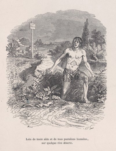 Weg van alle hulp en zonder broek, op een verlaten kust door Jean Ignace Isidore Gérard
