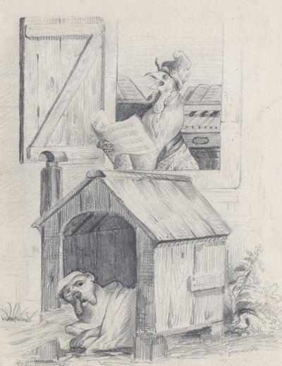 Hond in hondenhok, haan zingt bij raam, ca. 1842 door Jean Ignace Isidore Gérard