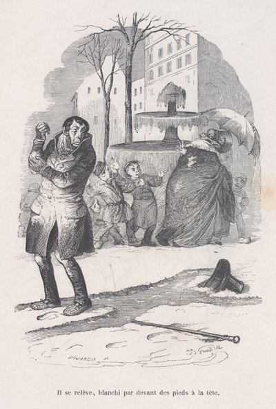 Hij staat op, bedekt van top tot teen met sneeuw. uit de Kleine Ellende van het Menselijk Leven, 1843 door Jean Ignace Isidore Gérard