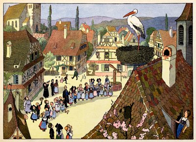 Mijn dorp, degenen die niet vergeten: De aankomst van de ooievaar door Jean Jacques (1873 1951) Waltz