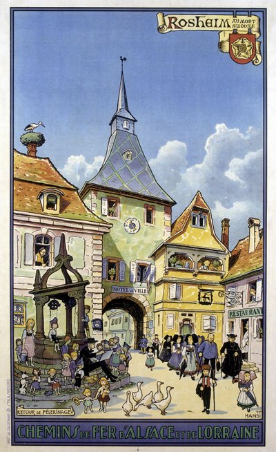 Terugkeer van bedevaart van Mont Sainte Odile naar Rosheim - Poster van de spoorwegen van Elzas en Lotharingen, door Hansi door Jean Jacques (1873 1951) Waltz